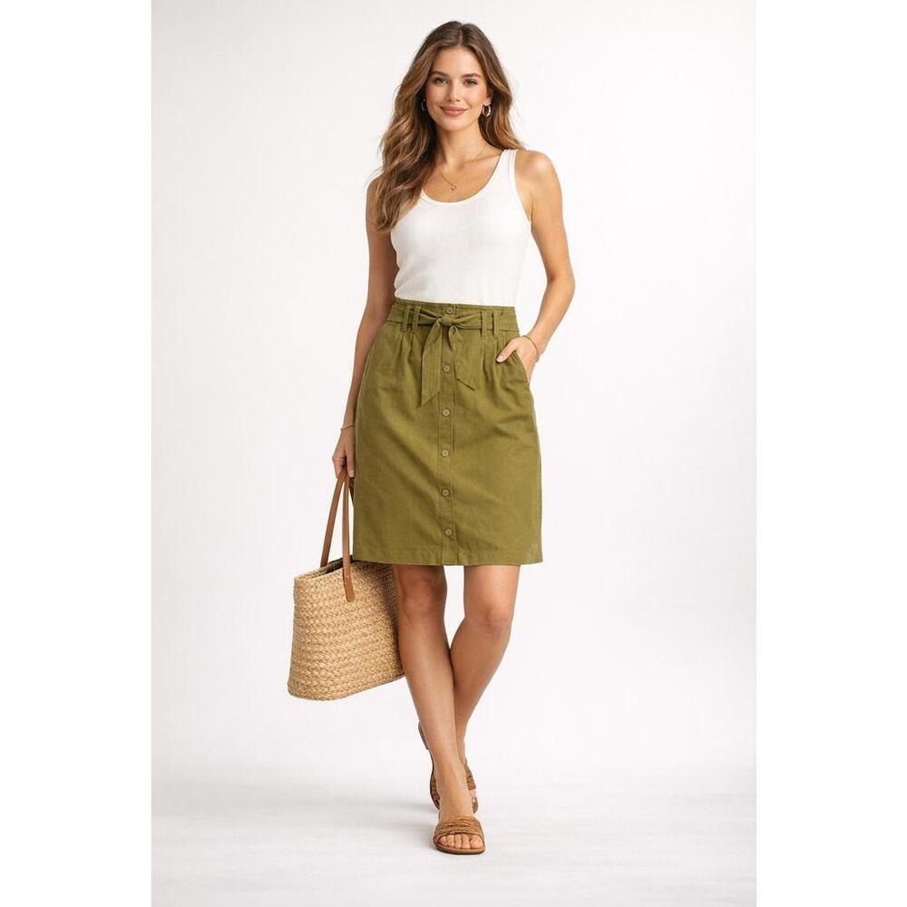Tommy Bahama Olive Green Button-Front Skirt with Tie Waist A-Line Utility Size 6